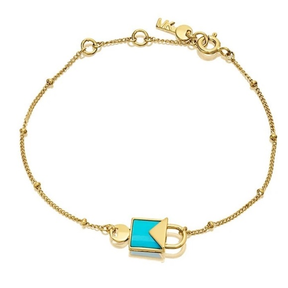 Michael Kors Gold Plated Chain and Blue Semi Precious Padlock Key Charm Bracelet - Picture 1 of 7